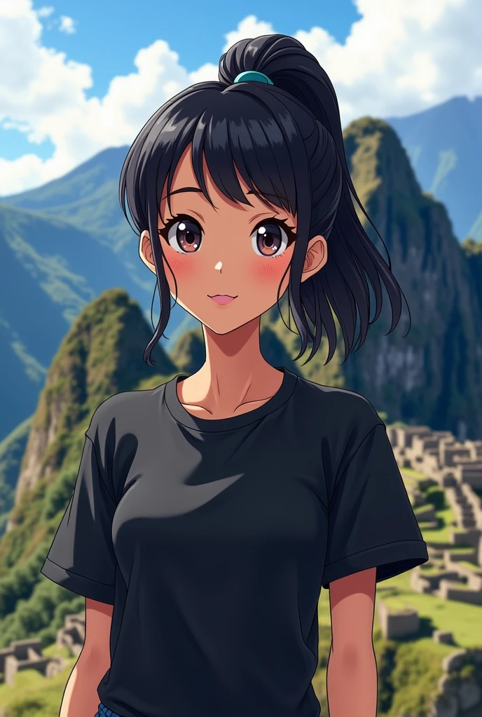 I am Peruvian with short black hair and bangs and big eyes,  make my anime And I always have my hair combed in a ponytail as a background I want Machu Picchu and I am a gymrat I wear a black oversize t-shirt generate 3 different images 