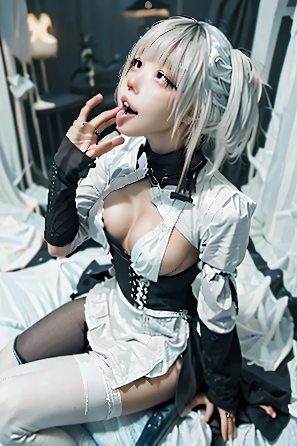 (((1 girl)),ray tracing,(dim lighting),[detailed background (bedroom)),((silver hair)),((silver hair)),(Fluffy silver hair, plump and slender girl))) with high ponytail))) Avoid golden eyes in the ominous bedroom ((((Girl wears a white shirt, black wrinkled skirt with black transparent pantyhose), showing a delicate slim figure and graceful curves, correct limbs, sitting on the bed with hands behind her head, Put both hands behind your head,
((Eye contact, fellatio, blowjob, male point of view, view from above,girl looking up)),(best quality, highres, photorealistic), portrait, elegant mature woman, big breast, ultra detailed cg 8k, soft light
Sharp focus :1.2, ((. 18year's old)) body. thin. slim. captivating. Slave,, NSFW)). Smile. Sit down. sexual desire. passionate about sex. Under the floor.
(NSFW),(RAW photo, Best quality), (Realistic, photo-realistic:1.2), High quality, (highdetailskin:1.4),huge tit,(tongue out,black stockings,transparent lingerie,t-back thong,nipples,hairy pussy, spread legs)