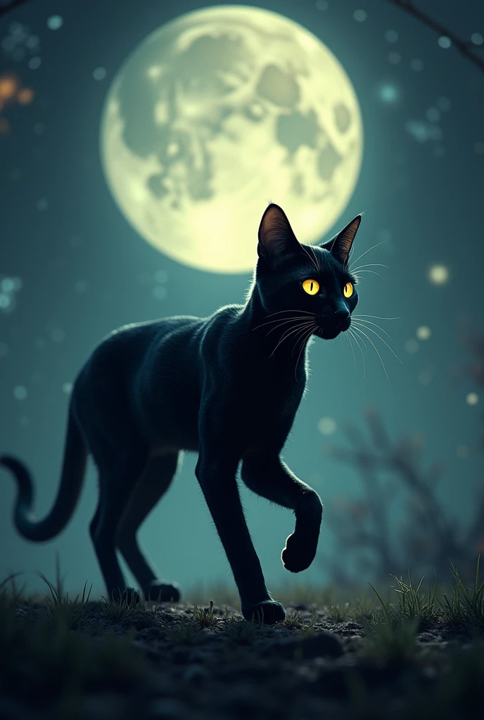 Black cat moon walking from left to right