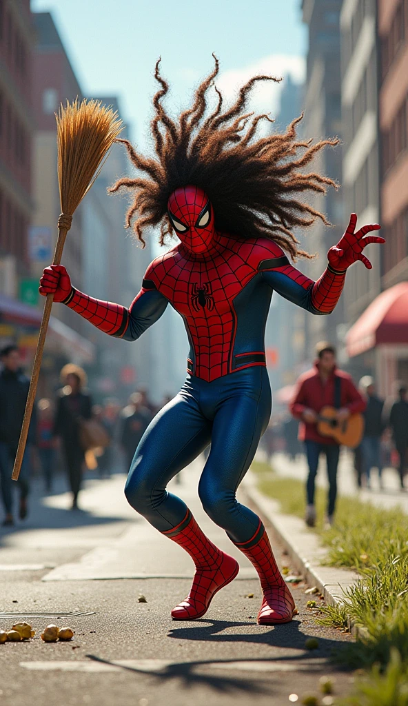 (Spider-Man big hair dance in pedestrian with a broom on his hand as guitar), and (Superman sitting beside the road and playing accoustic guitar), hyperrealistic