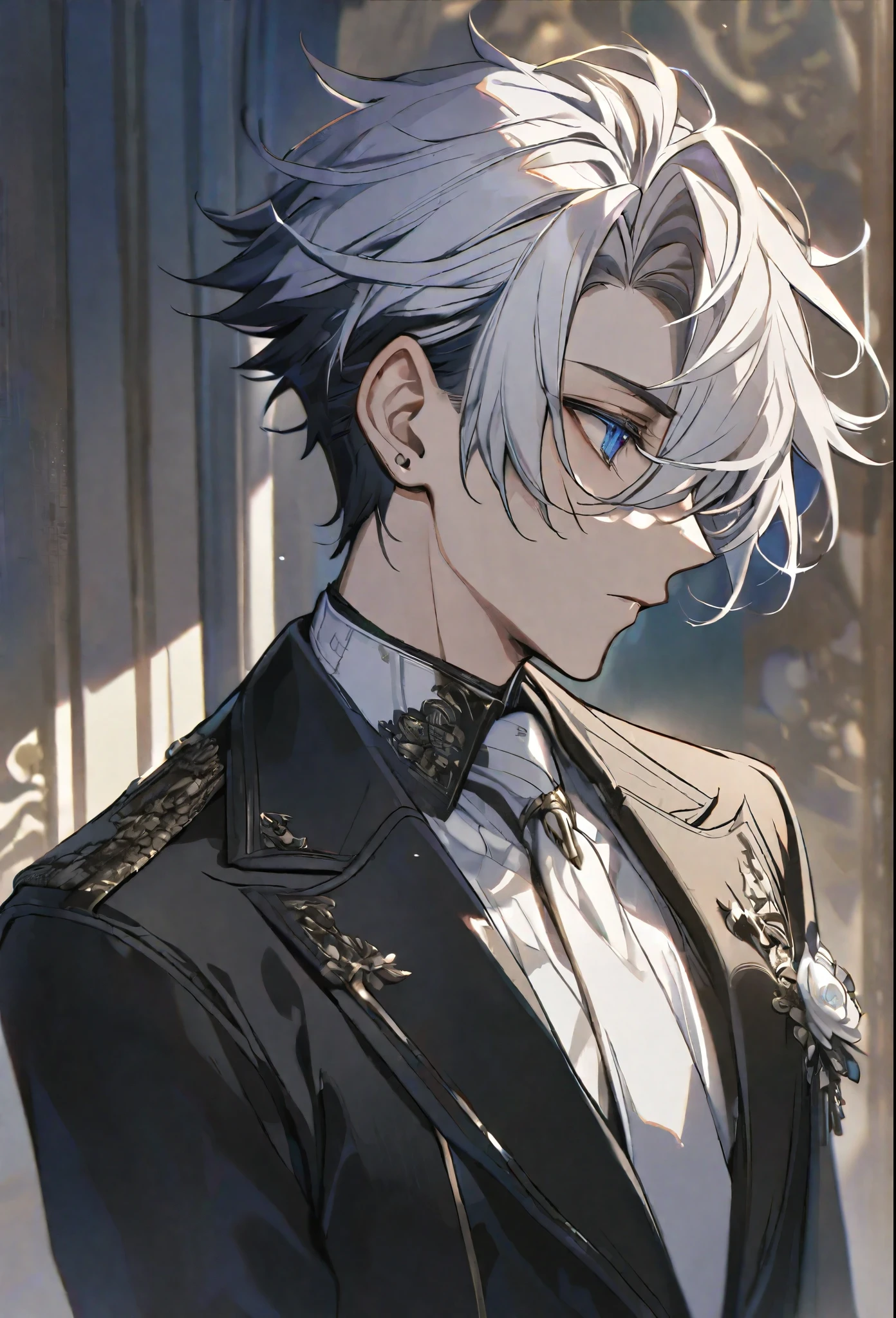 Alone, elegant, 1 male, , short hair, white hair, black undercut hair, blue eyes, detailed, White shirt, white tie, black coat