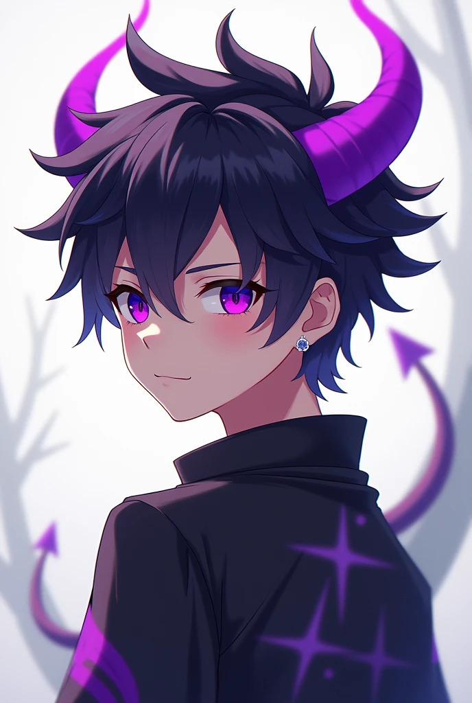 Boy young with purple horns and purple eyes and black hairstyle and style snime boy