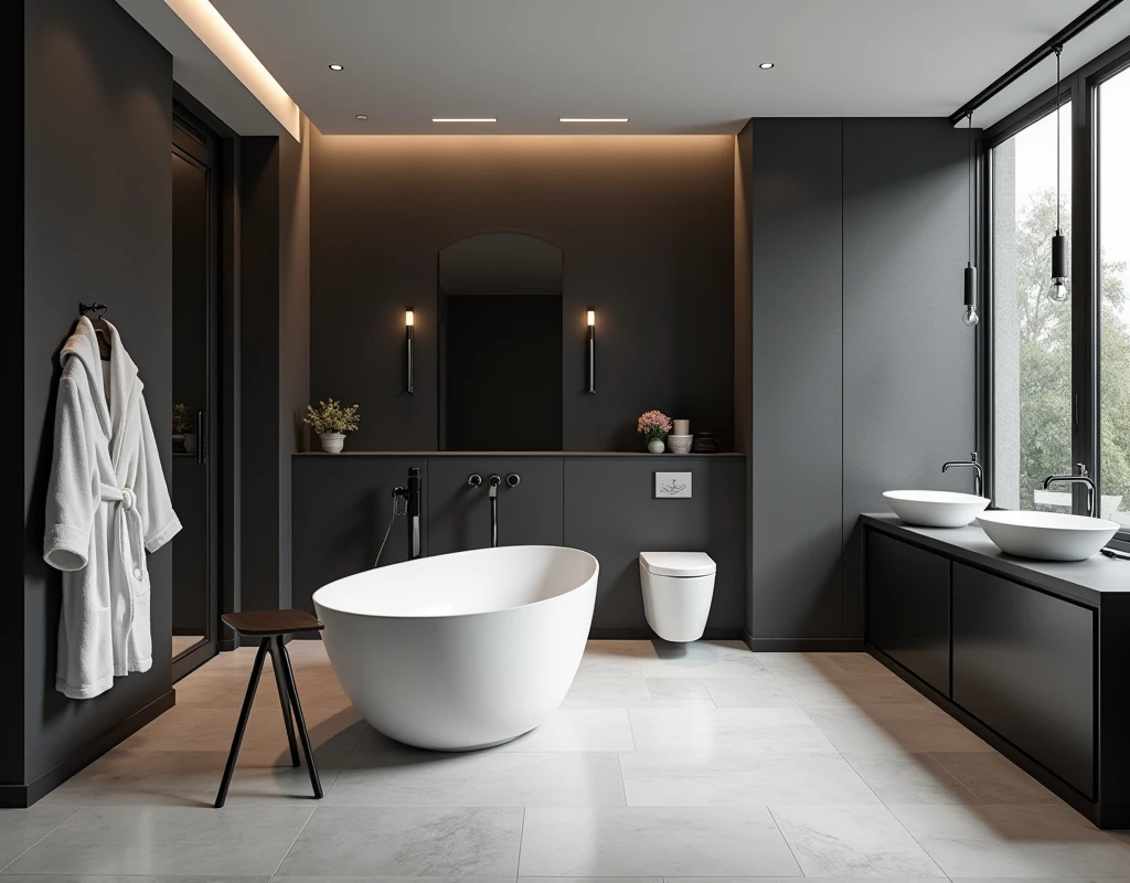 A modern apartment. bathroom design. Wide room. There is a big bathtub. There is a shower. There is a toilet. There is a sink. There are bath robe hanging on the wall. Interior design. Modern black and white interior. No big window.