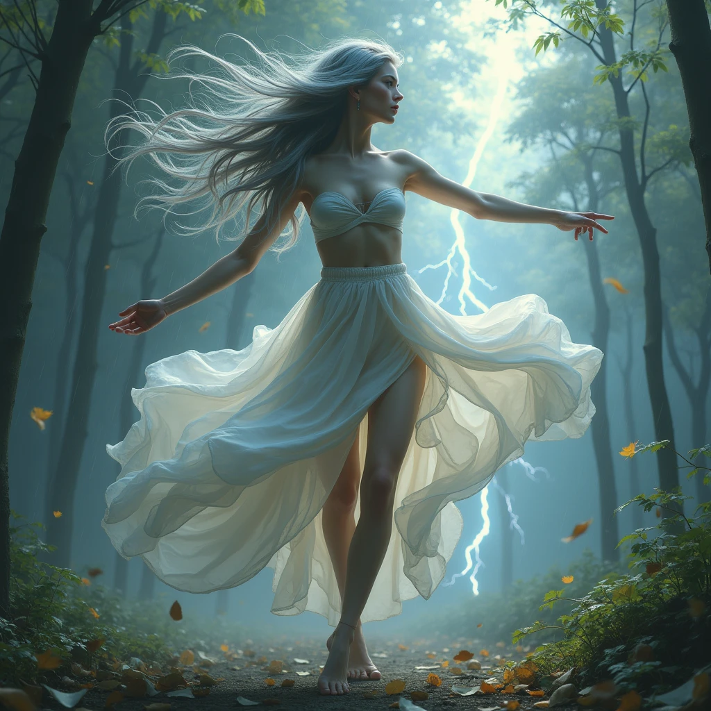 portrait character the body is made of air, half of its body is transparent, air element Creature, dance with wind and leaves, beautiful, proud, high detail, masterpiece, grey hyper long hair, With trees in the background, skin emits light, eyes emits light, athletic body, erotic outfit, lots of wind in her hair, in the trees and in the whole scene, stormy clouds, rain, lightning, newspapers and papers blown by a strong wind. twister