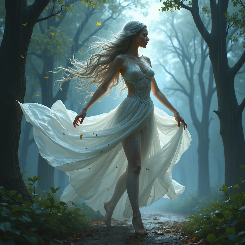 portrait character the body is made of air, half of its body is transparent, air element Creature, dance with wind and leaves, beautiful, proud, high detail, masterpiece, grey hyper long hair, With trees in the background, skin emits light, eyes emits light, athletic body, erotic outfit, lots of wind in her hair, in the trees and in the whole scene, stormy clouds, rain, lightning, newspapers and papers blown by a strong wind. twister