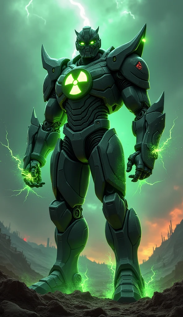 To create an image of a character named "Nuclear," imagine the following:

A powerful and imposing figure with a futuristic, battle-worn suit of armor, glowing with radioactive energy. The armor is dark and metallic, with jagged, angular designs that give it a rugged, almost apocalyptic appearance. The chest plate features a prominent, glowing symbol resembling a radiation warning sign, pulsating with a vibrant, toxic green light. The character's helmet is sleek and menacing, with a visor that glows the same eerie green, obscuring the eyes but allowing faint traces of their intense, determined gaze to show through.

Nuclear’s body emits a faint, radioactive aura, with green energy crackling around his hands and seeping out from the joints in his armor. His stance is strong and intimidating, as if he’s ready to unleash a devastating burst of energy. The background is a desolate, ruined landscape, with scorched earth and the remains of a city in the distance, hinting at the destructive power he wields. The sky above is dark and stormy, with flashes of lightning illuminating the toxic clouds, adding to the atmosphere of danger and power.