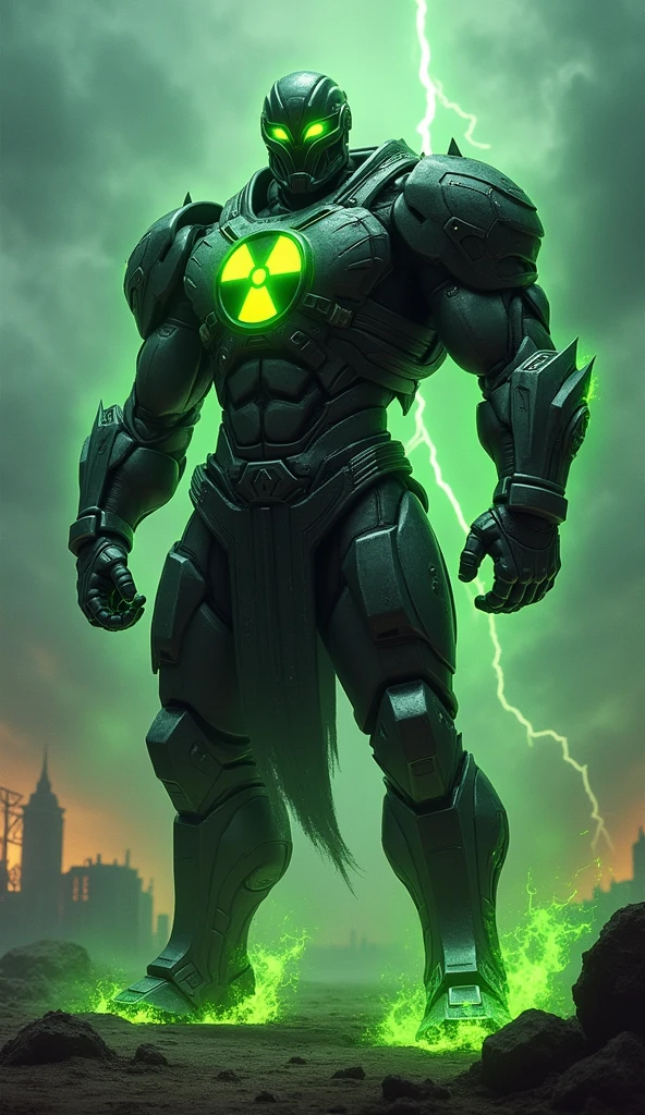 To create an image of a character named "Nuclear," imagine the following:

A powerful and imposing figure with a futuristic, battle-worn suit of armor, glowing with radioactive energy. The armor is dark and metallic, with jagged, angular designs that give it a rugged, almost apocalyptic appearance. The chest plate features a prominent, glowing symbol resembling a radiation warning sign, pulsating with a vibrant, toxic green light. The character's helmet is sleek and menacing, with a visor that glows the same eerie green, obscuring the eyes but allowing faint traces of their intense, determined gaze to show through.

Nuclear’s body emits a faint, radioactive aura, with green energy crackling around his hands and seeping out from the joints in his armor. His stance is strong and intimidating, as if he’s ready to unleash a devastating burst of energy. The background is a desolate, ruined landscape, with scorched earth and the remains of a city in the distance, hinting at the destructive power he wields. The sky above is dark and stormy, with flashes of lightning illuminating the toxic clouds, adding to the atmosphere of danger and power.