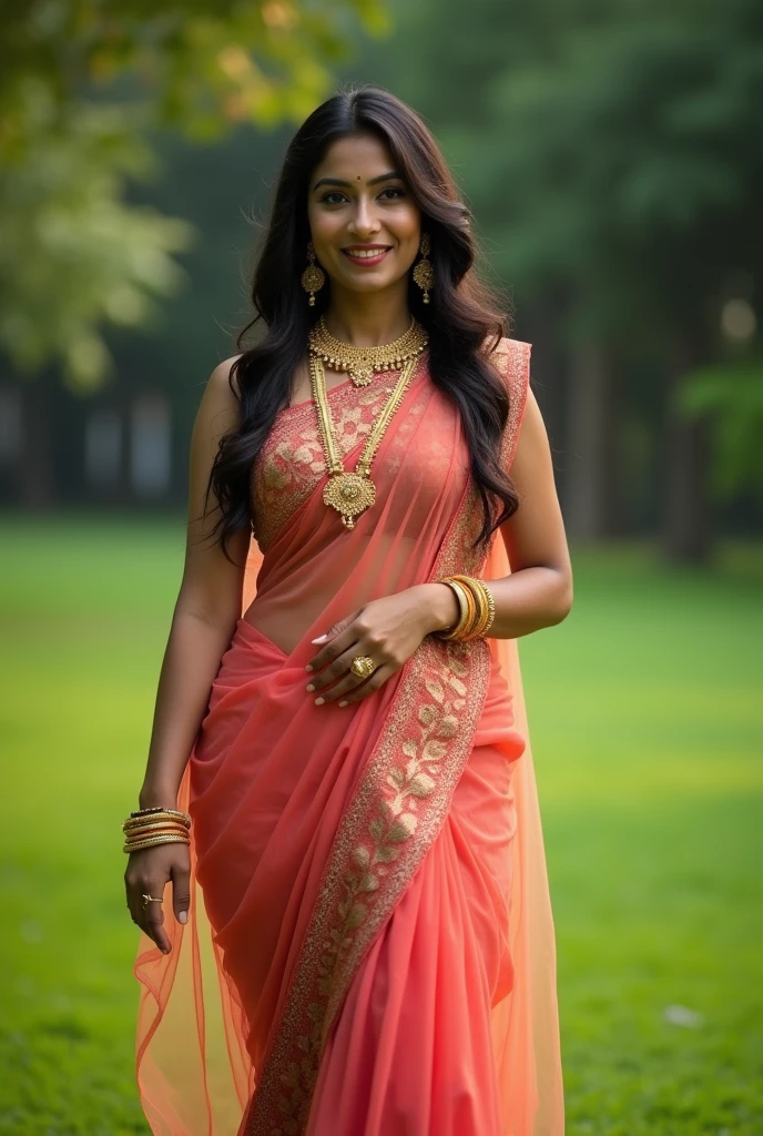 perfect  Indian sexy wife with folded transparent saree , sleeveless blouse, HDR, 8k, hyper detailed, best quality, ultra-high resolution, HDR, 8k, walking on the lawn , look at viewer, waist level view, bright smile, wearing gold ornaments, casual pose ,  average body with 36 D size breasts,28 hip size and 36 waist size, Having big breasts, waist level view, show background , extreme beautiful face