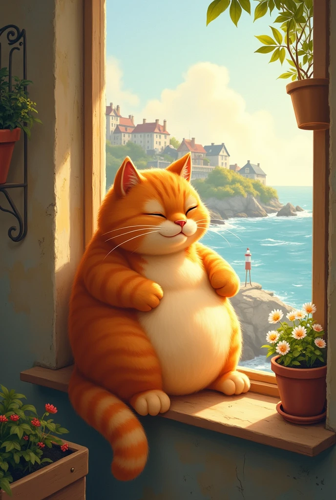 In a small, sun-dappled town by the coast, there lived a chubby orange cat named Oliver. His fur was a warm, rich hue, like the setting sun over the ocean, and his body was round and soft, a testament to his love for food and long, lazy naps. Oliver belonged to a kind-hearted woman named Mrs. Kensington, who had found him as a stray kitten years ago, abandoned near the docks. She took him in, and from that day forward, Oliver became the heart of her home.