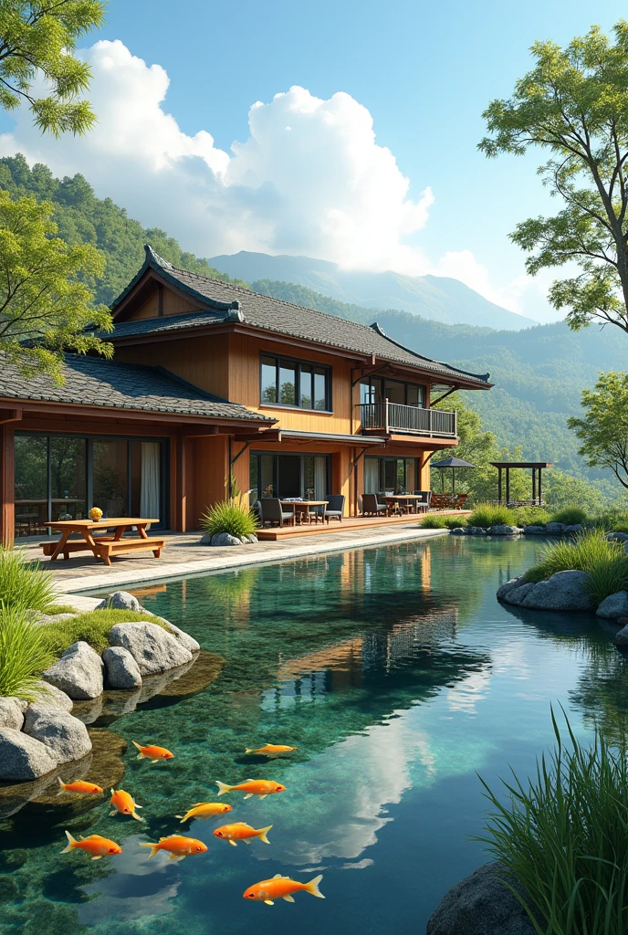 Please help me draw a 200 square meter villa on one floor in the countryside。It has a small fish pond of about 2 square meters,With balcony,Balcony corridor with floor seating and table,With sun room,With gazebo