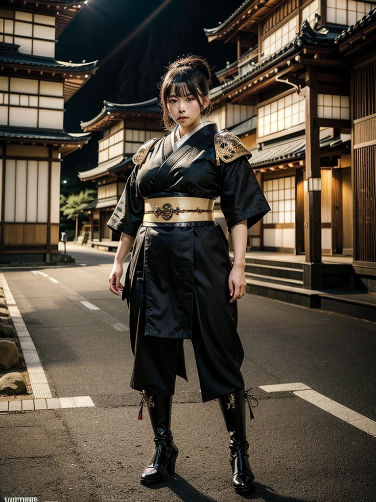 Japanese female samurai(plump body and big breast)(full body image)in filigree samurai armor, Japanese luxury castle background, action pose, cinematic lighting, 4k, vantablack  