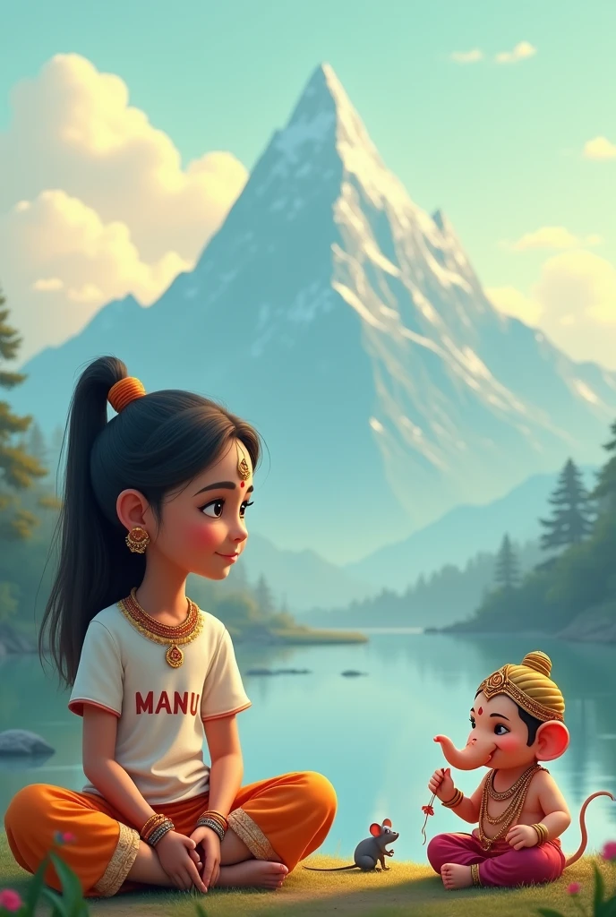 Create a digital artwork featuring a serene landscape with mountains in the background. In the foreground, depict a Child Girl sitting cross-legged, wearing modern clothing with her name, 'Manu' written on her T-shirt. Next to her, place Child Ganesha. A small mouse, Lord Ganesha's vehicle, should be sitting nearby Wow, you have caught a juicy laddu. Lord Ganesha should be adorned with traditional jewelry and clothing, exuding a divine and peaceful aura. The overall scene should blend elements of traditional spirituality with modern aesthetics, creating a harmonious and serene atmosphere."