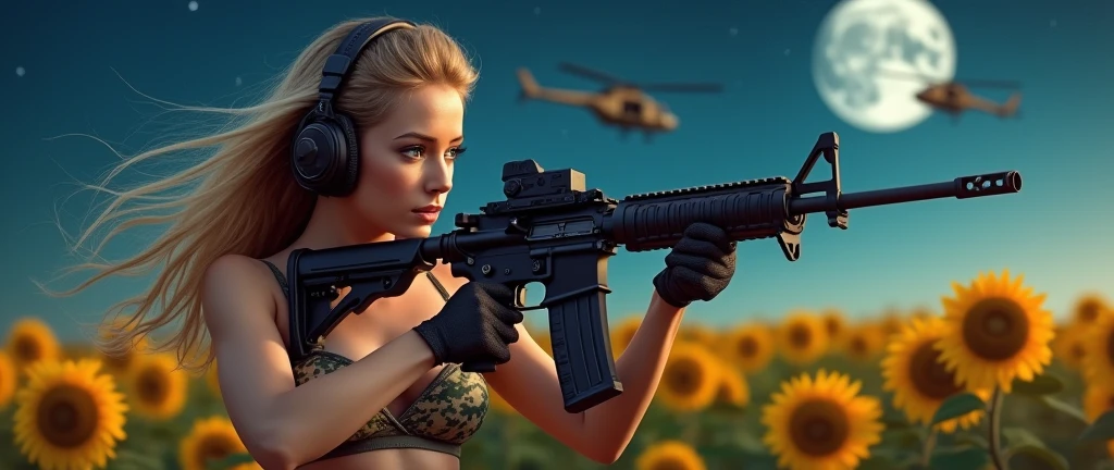 Realistic、Photorealistic、Realistic skin texture、Photo quality、high resolution、High definition、Beautiful arabian girl、The upper body is wearing a camouflage bra top.、Youthful Looking Face、Large Breasts、Blue Eyes、Aiming an M4 automatic rifle、Shooting a realistic sniper rifle、Blond medium-long hair fluttering in the wind、Wearing a walkie-talkie headset、Young face、Three military helicopters are flying in the sky.、The background is a field of sunflowers、Sunflowers continue to the horizon、The view is the night sky、The stars are beautiful、A huge full moon in the center of the sky、The person is a full-body angle、Watching the audience、facing towards the cameraman