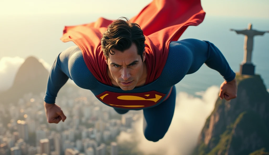 superman flying in the sky over the city of Rio de Janeiro, ultra detaild, ultra realistic, flying very fast, traces of fire, close-up, front view, ((you can see Christ the Redeemer in the background)), punch pose, dark blonde hair, clouds below