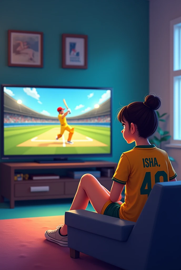 create a 20 year old girl Watch cricket on the Big Screen LED TV in a hall Room wearing Australian Team jersey on which Name "ISHA , 49, written in bold font clearly, like a ca .rtoon . make sure LED TV screen should be visible, girl sits at aside on the Sofa ,