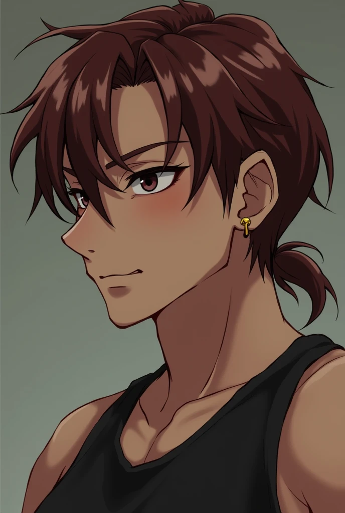 naughty man, chestnut hair, Tired eyes, age 25, hair tied in a short, slicked-back ponytail, dark circles, black tank top, slenderbody, tired look, gold earring only on the left ear, Tired eyes e sonolentos, empty countenance