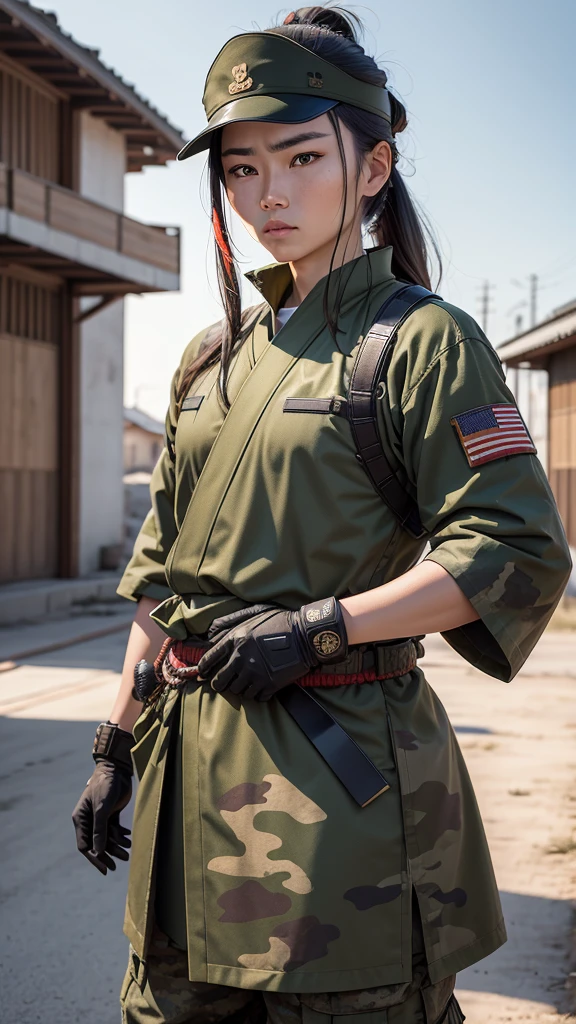 Samurai dressed,in military camouflage modern uniform. Against the backdrop of the military wards. in Kazakhstan