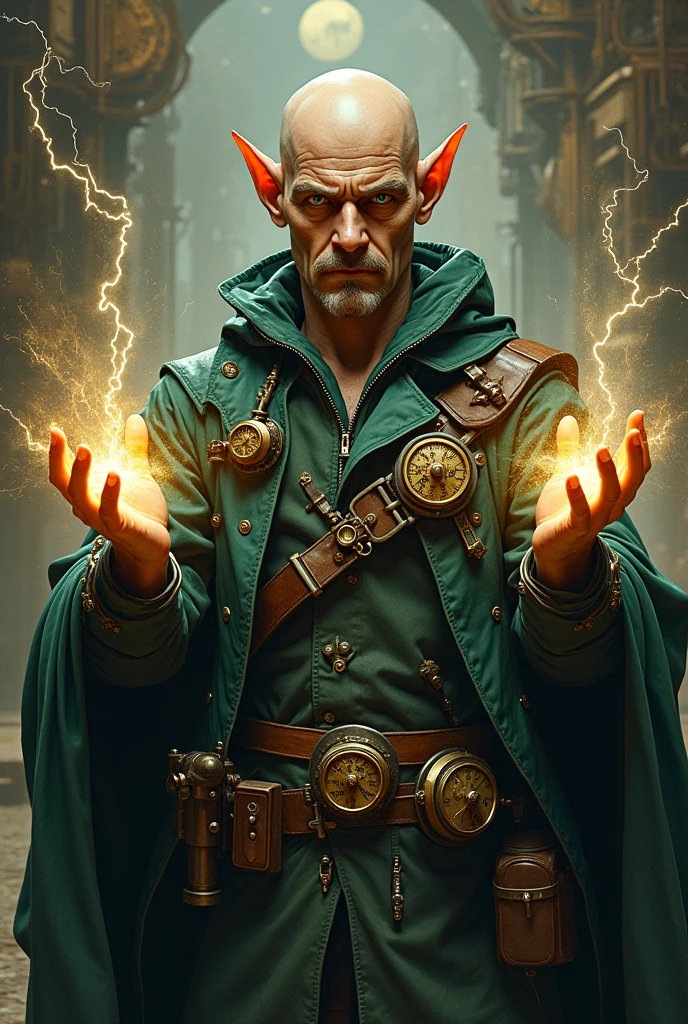 an elf very similar to Walter White bald with steampunk aspects using very powerful magic
