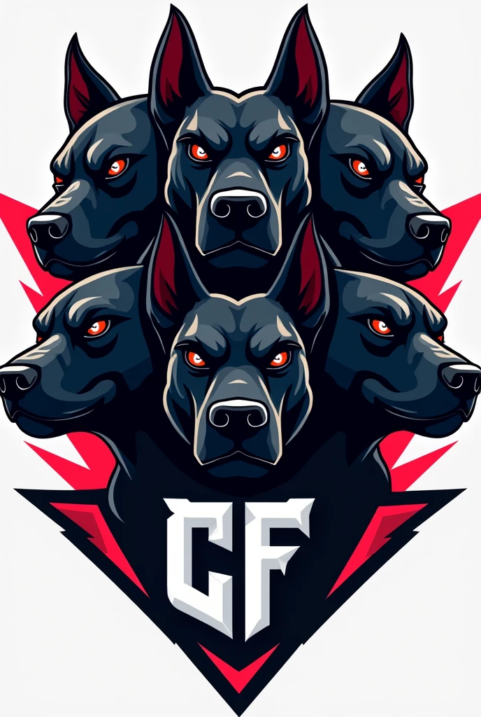 CREATE AN E-SPORTS TEAM LOGO WITH THE HEADS OF 5 BLACK PITBULS IN THE LOGO AND PLACE IT "CF" FEATURED MORE IN THE LOGO