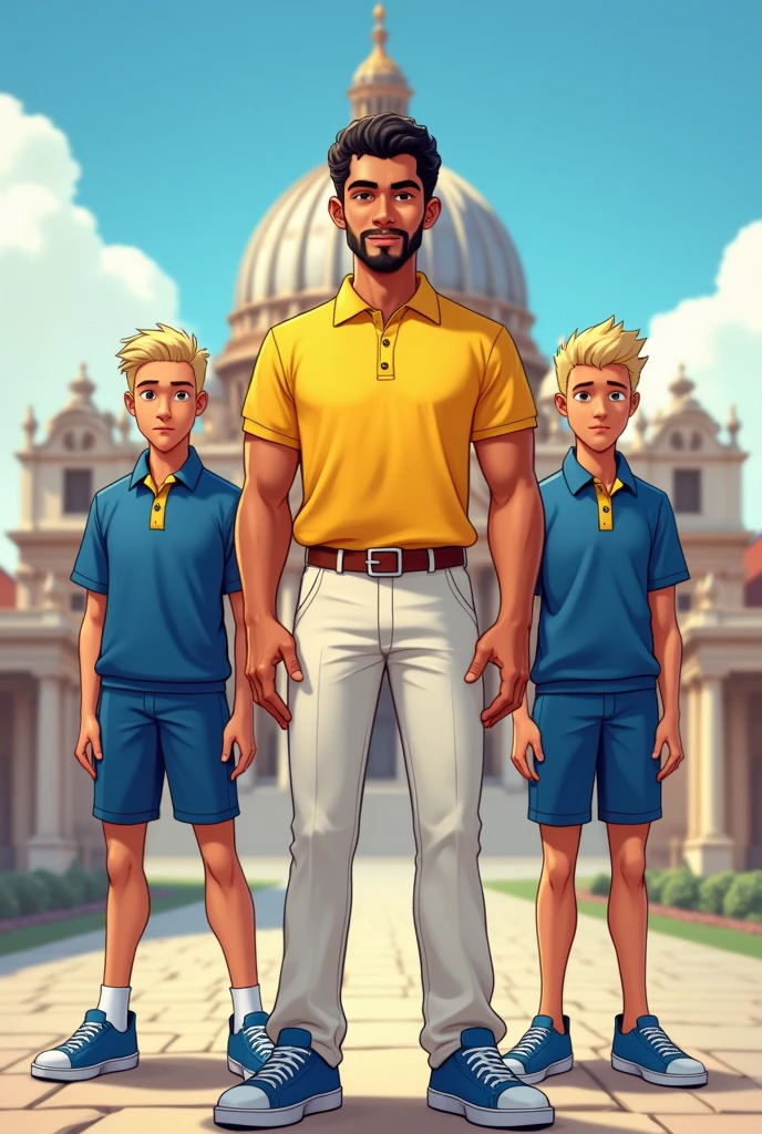 On the cover of the series, **Professor Petterson** stands confidently at the forefront in his classic attire:
- **Attire:** He is dressed in his signature yellow polo shirt, white pants, brown belt, and blue sneakers. His black goatee and short, curly hair are neatly styled, emphasizing his youthful yet determined appearance.
- **Pose:** Petterson is young and white man European adopts a strong, commanding stance, his eyes focused forward as if ready to take on any challenge. His hands rest on his hips, projecting confidence and leadership.
**Students:**
- **Attire:** Standing slightly behind and to either side of Petterson, his two boys male students wear their traditional school uniforms. The uniforms consist of blue shirts with yellow borders, blue shorts, and blue sneakers, complementing Petterson’s outfit.
- **Details:** One student, with short blond hair, stands on the left, while the other, with spiked black hair, stands on the right. Both students are depicted as handsome 1s, reflecting their maturity and readiness to assist in the adventures.
**Background:**
- **Vatican:** The majestic Vatican is prominently displayed in the background, its iconic architecture lending a sense of grandeur and significance to the cover. The towering dome of St. Peter's Basilica is especially highlighted, symbolizing the spiritual and historical depth of the series.
The cover perfectly captures the essence of the series, combining the youthful energy of the characters with the rich historical and religious backdrop of the Vatican.