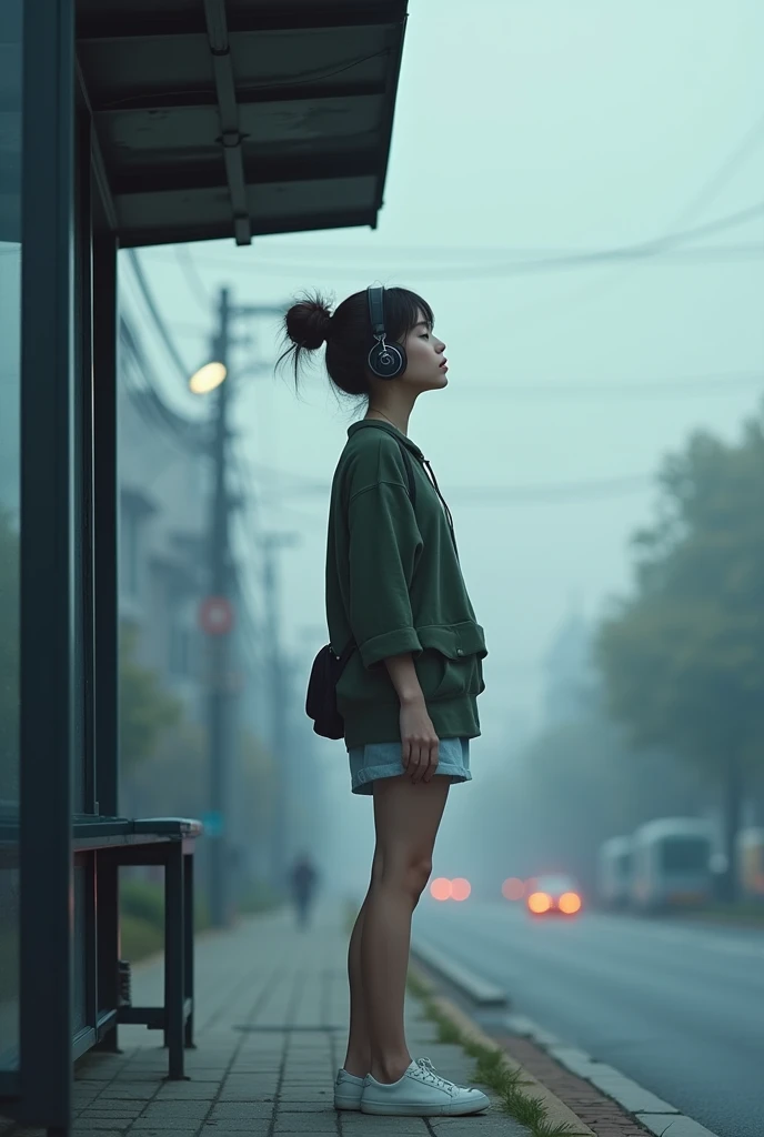 woman waiting for the bus listening to music