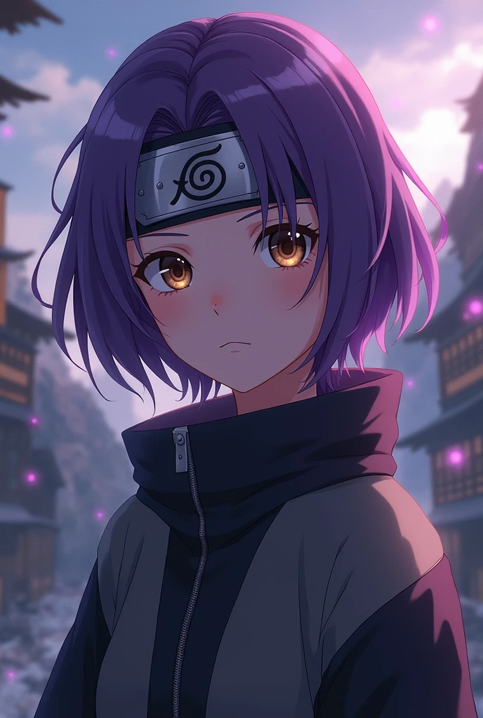 anime with purple hair and bangs, dark brown eyes with Naruto's Mist Village headband