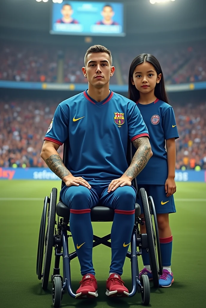 Javier, twenty-five years old, thin body, tattoo on his arms, sitting in a wheelchair, disabled, soccer team fan with blue uniform, in the background a stadium with people holding his name on banners, while he is dressed with all the accessories of a soccer fan, next to him his daughter, Sara, who is , sad look because she knows that her father is going to die

Facing the camera from the front to tell his story, short hair, enlarged image, clear setting, no animation