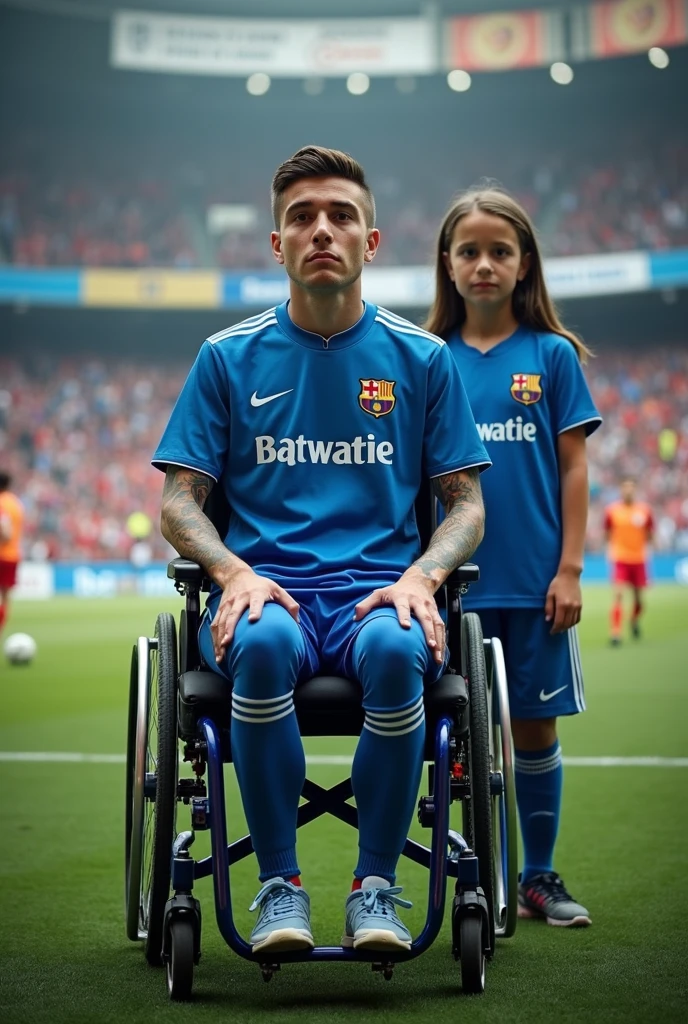 Javier, twenty-five years old, thin body, tattoo on his arms, sitting in a wheelchair, disabled, soccer team fan with blue uniform, in the background a stadium with people holding his name on banners, while he is dressed with all the accessories of a soccer fan, next to him his daughter, Sara, who is , sad look because she knows that her father is going to die

Facing the camera from the front to tell his story, short hair, enlarged image, clear setting, no animation