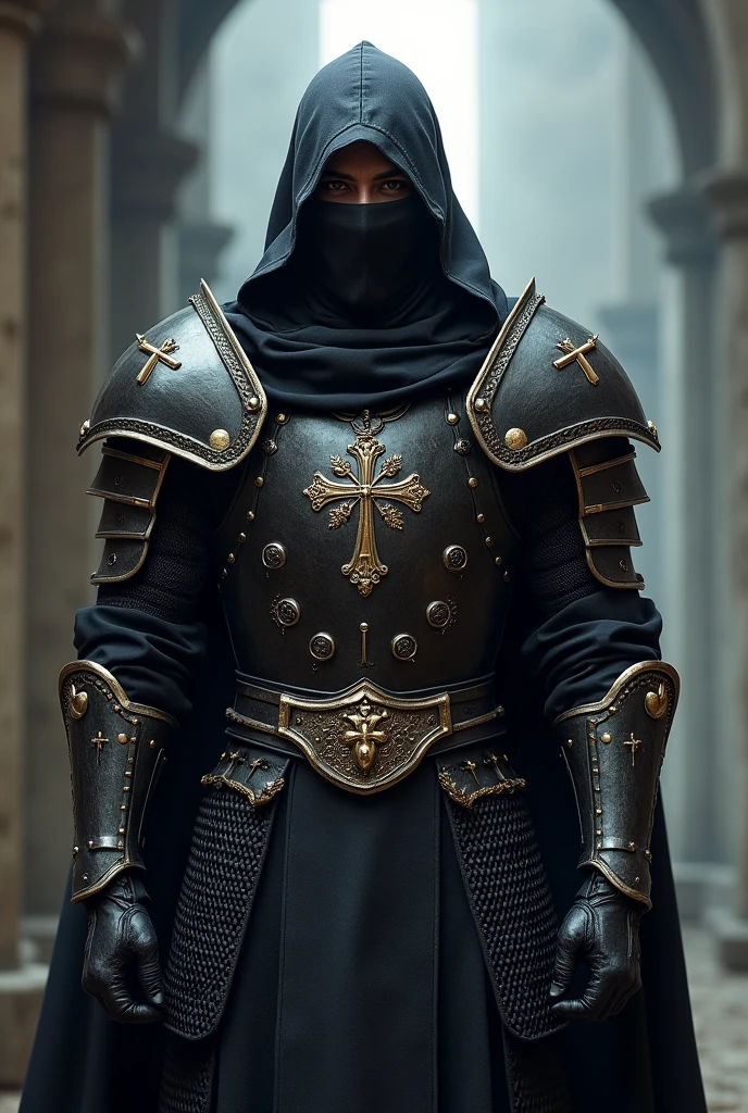Draw a Ninja with armor with and that says "Knight Crusader"