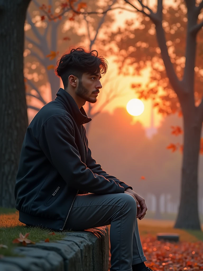 8K ultra-realistic scene in a tranquil park at sunset, A young man with short wavy black hair, light beard, wearing a black jacket , grey pants, sits on a low stone wall, His expression is calm and reflective. The background is a serene park filled with tall trees in full leaf, and the setting sun casts a warm, ethereal glow across the landscape, In the distance, soft, colorful bokeh lights create a magical atmosphere, adding a surreal touch to this epic, realistic scene.