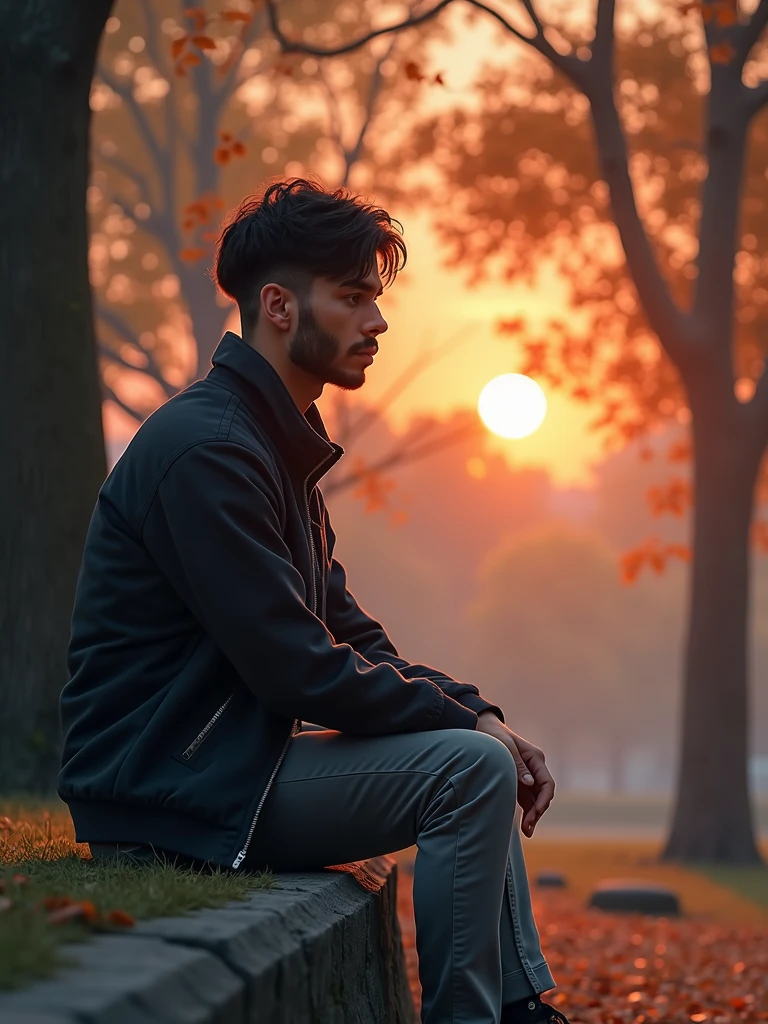 8K ultra-realistic scene in a tranquil park at sunset, A young man with short wavy black hair, light beard, wearing a black jacket , grey pants, sits on a low stone wall, His expression is calm and reflective. The background is a serene park filled with tall trees in full leaf, and the setting sun casts a warm, ethereal glow across the landscape, In the distance, soft, colorful bokeh lights create a magical atmosphere, adding a surreal touch to this epic, realistic scene.