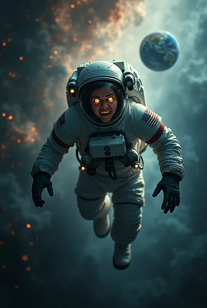 Creqte q image of A frightened astronaut in space, with a swirling, chaotic cosmic background and the Earth partially visible behind. The scene is dark and intense, with motion blur to convey chaos. Ratio 16:9