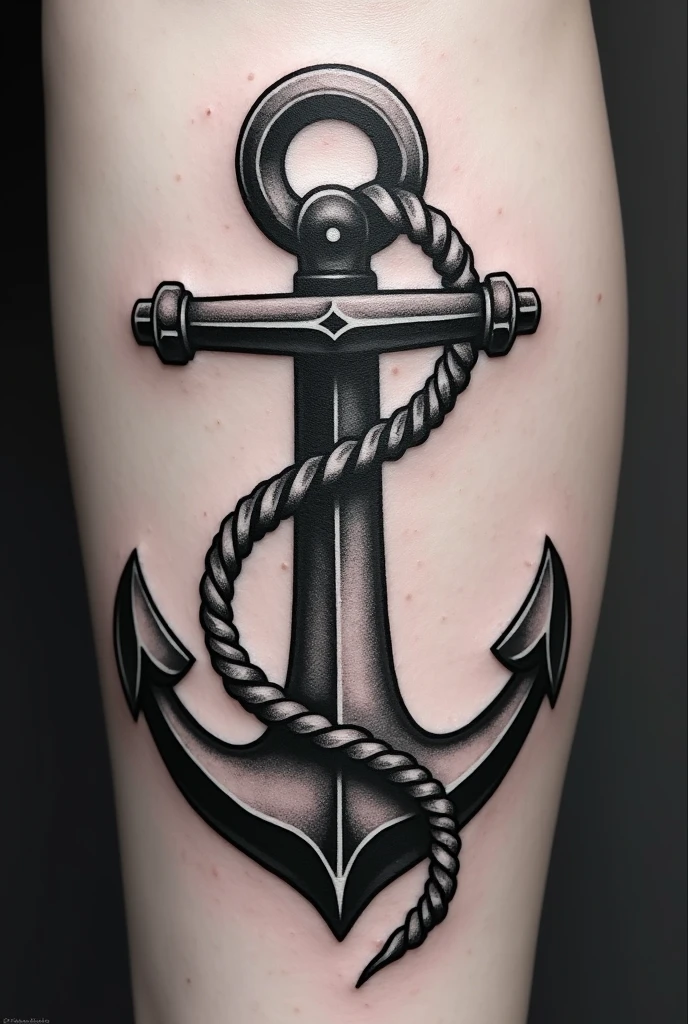 A black and white anchor tattoo with a rope coming out of the hole forming a letter m (do) 
