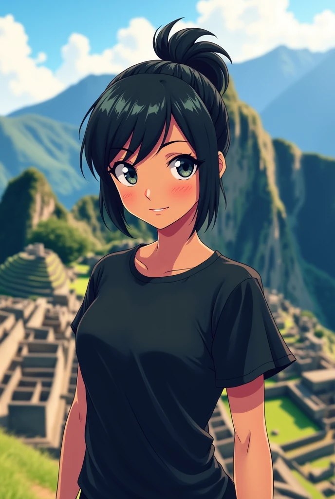 I am Peruvian with short black hair and bangs and big eyes, make my anime And I always have my hair combed in a ponytail as a background I want Machu Picchu and I am a gymrat I wear an oversized black t-shirt to generate poses for photographers