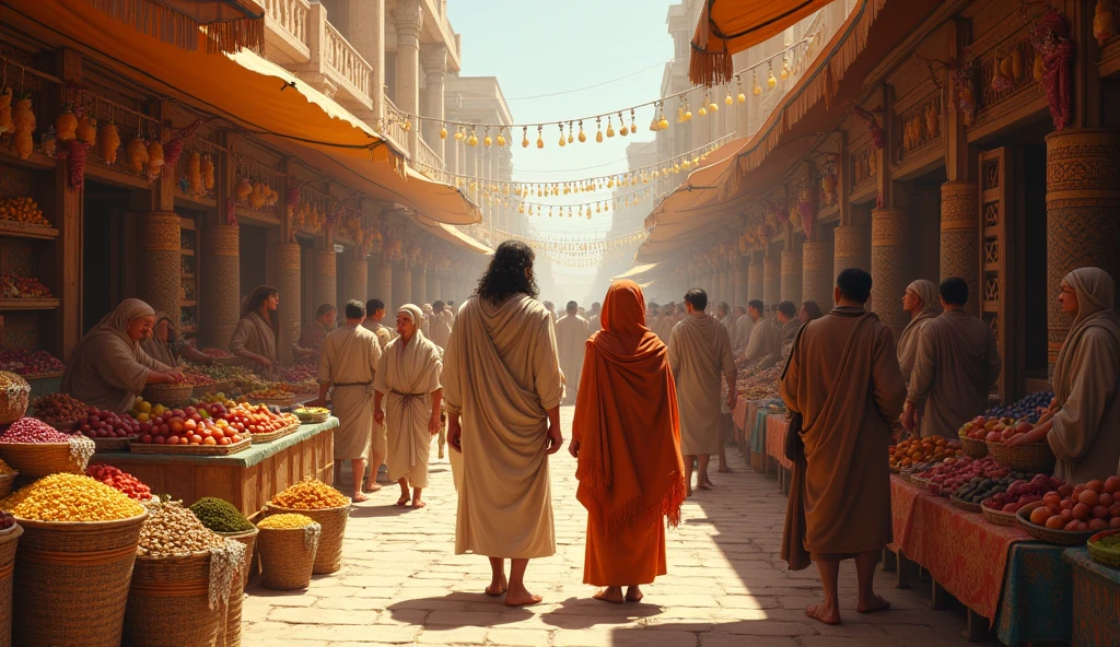 bustling Egyptian market, stalls full of fruits and spices, lively interactions, vibrant colors, Abraham observing cautiously, Sarah admiring the goods --ar 16:9 --v 6