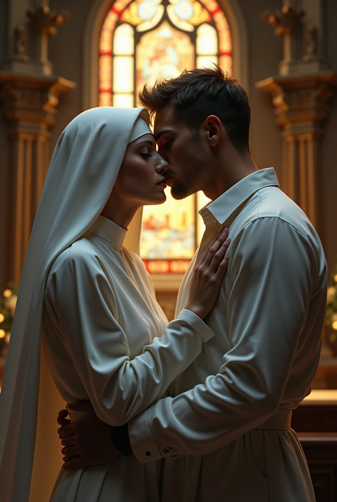 Nun in white dress kisses 20 year old man