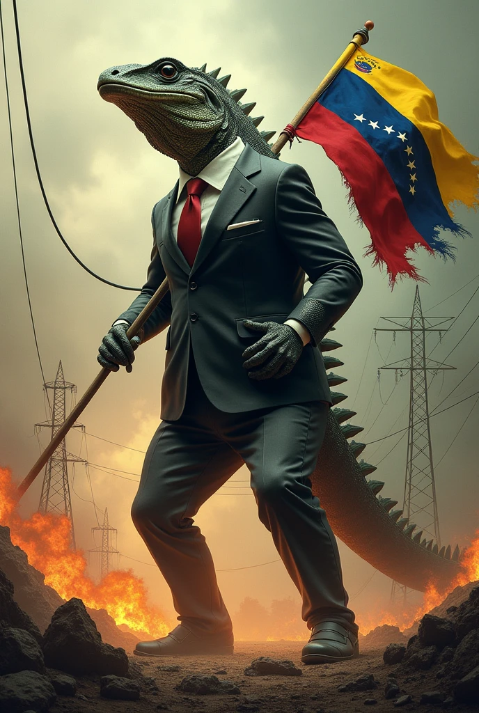An iguana in a CIA suit attacking Venezuela , Let the flag of Venezuela come out burned and with the electricity cables in hand broken, that the iguana is like Godzilla