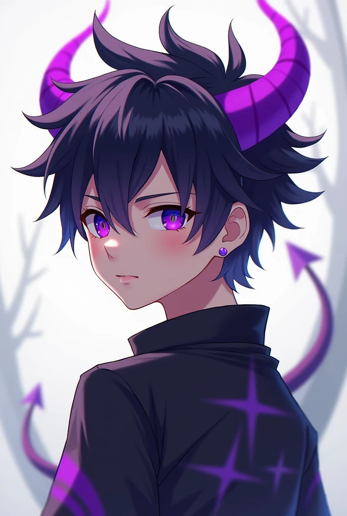 Boy young with purple horns and purple eyes and black hairstyle and style snime boy