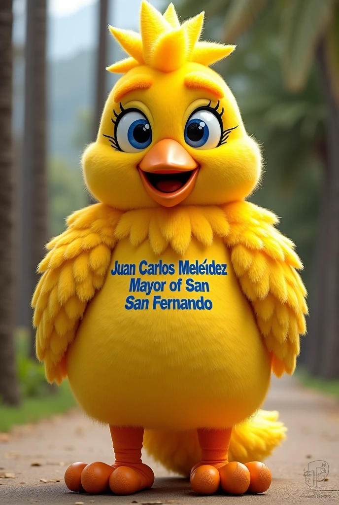Creation of a corporeal costume of a canary in the style of the Fiu mascot of the Pan American Games in Chile, be tender, friendly, familiar and that it is written on his chest "Juan Carlos Meléndez Mayor of San Fernando"