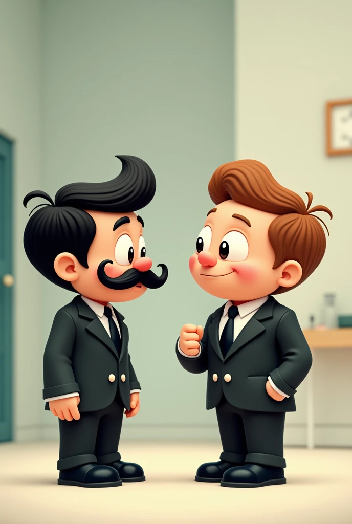 A cartoon boy wearing a black suit and a mustache talking to a talking ball