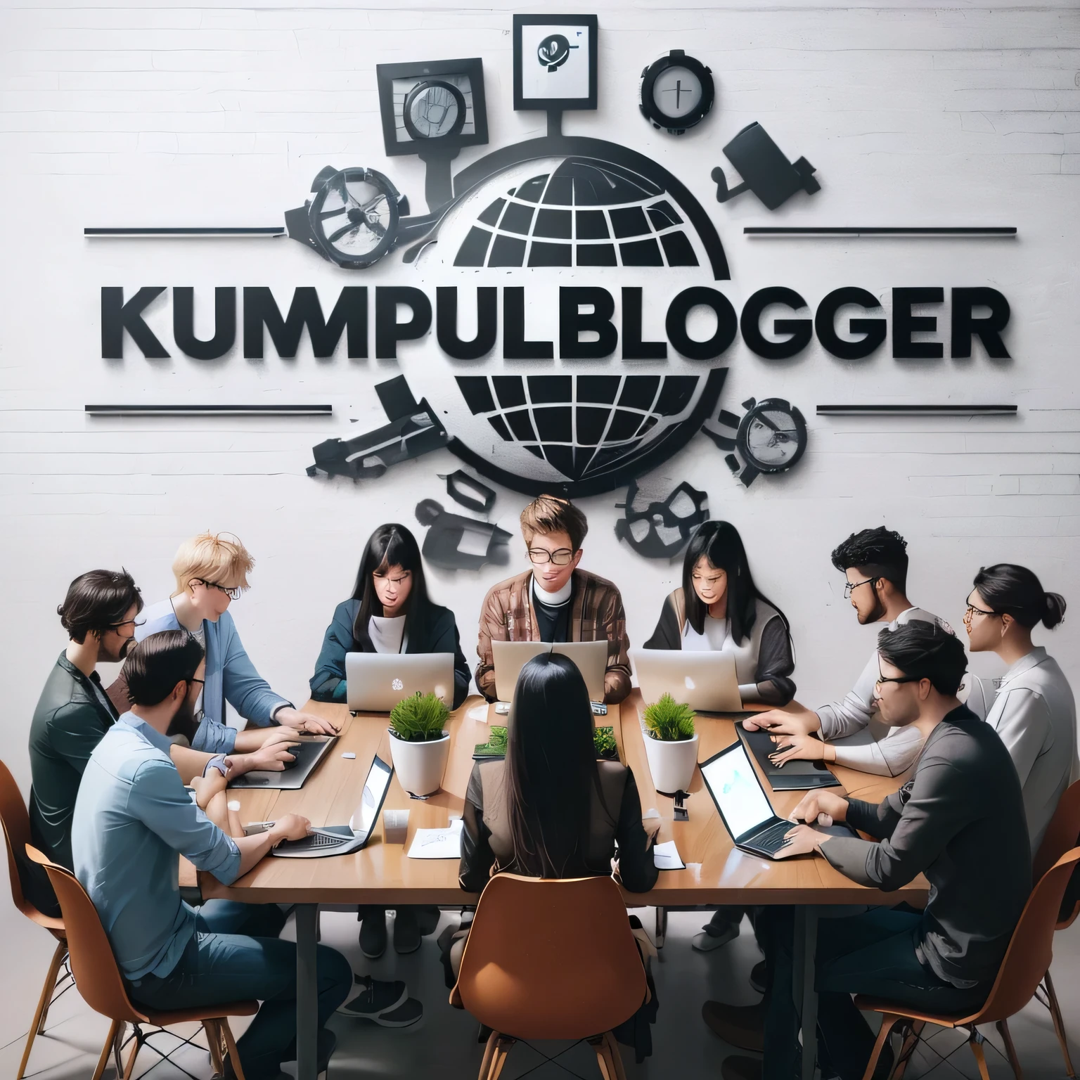 people sitting around a table with laptops and a sign that says kumpulblogger.com