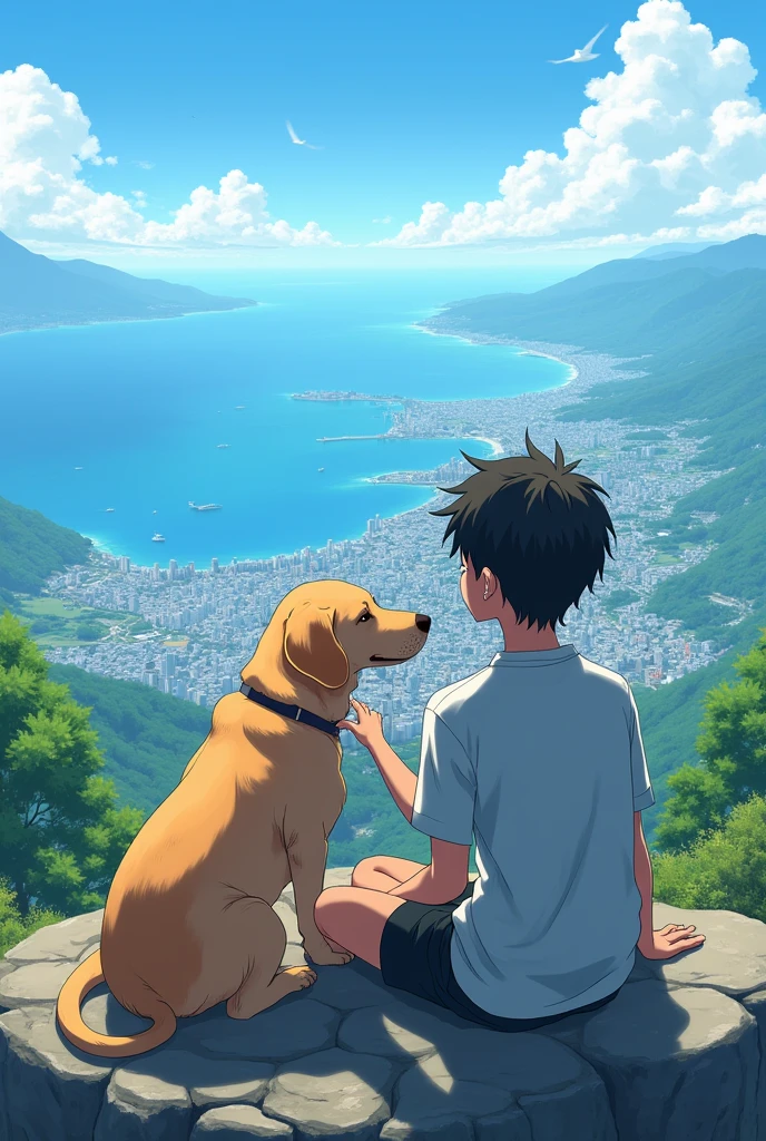 a Ager anime boy sit on a mountain he see the full city and sea her hand on a labrador dog in a very summer day
