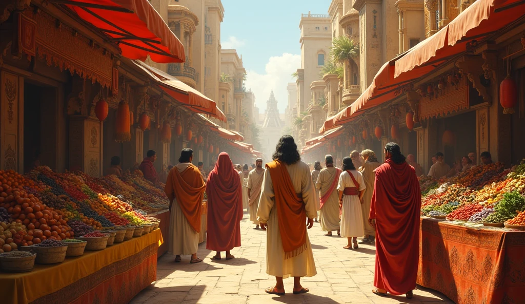 bustling Egyptian market, stalls full of fruits and spices, lively interactions, vibrant colors, Abraham observing cautiously, Sarah admiring the goods --ar 16:9 --v 6