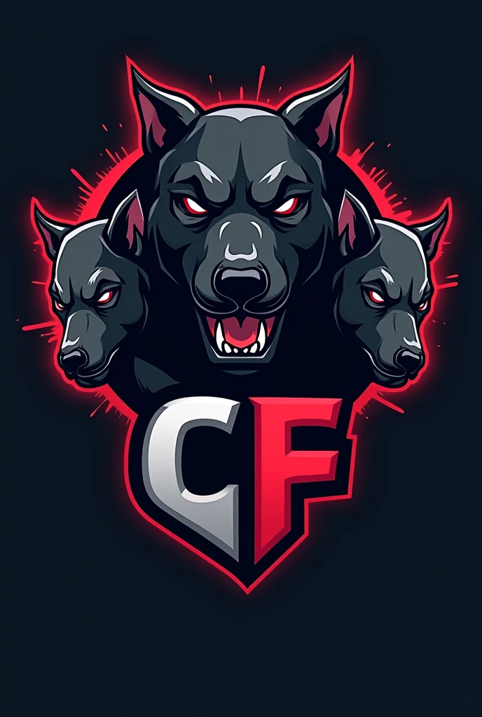 CREATE AN E-SPORTS TEAM LOGO WITH THE HEADS OF 5 BLACK PITBULS IN THE LOGO AND PLACE IT "CF" FEATURED MORE IN THE LOGO