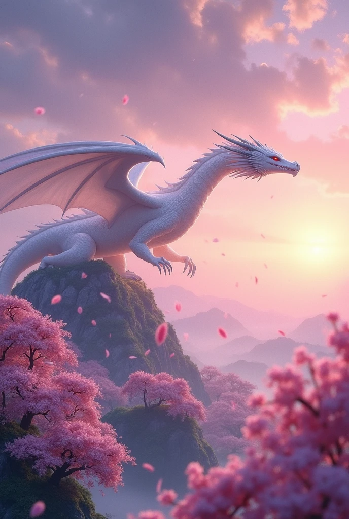 On the green hill、Against the backdrop of the sunset、巨大な白いドラゴンbut優雅に飛び回る。Cherry trees in full bloom swaying in the wind々but、Petals flying in the air、Surrounding the Dragon。The dragon's eyes shine like stars、その身体には古代の紋様but刻まれている。空には淡い紫とピンクのグラデーションbut広butり、幻想的な雰囲気but漂っている。
