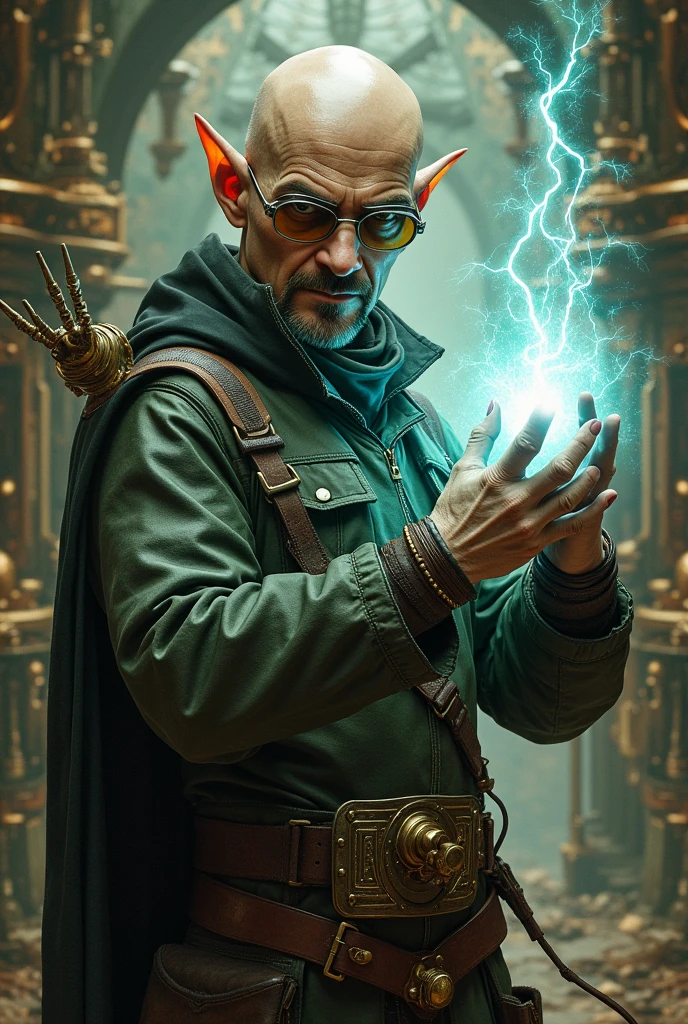 an elf very similar to Walter White bald with steampunk aspects using very powerful magic