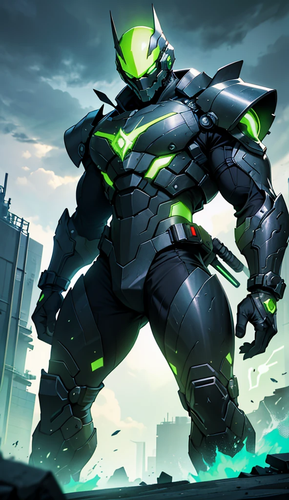 To create an image of a character named "Nuclear," imagine the following:

A powerful and imposing figure with a futuristic, battle-worn suit of armor, glowing with radioactive energy. The armor is dark and metallic, with jagged, angular designs that give it a rugged, almost apocalyptic appearance. The chest plate features a prominent, glowing symbol resembling a radiation warning sign, pulsating with a vibrant, toxic green light. The character's helmet is sleek and menacing, with a visor that glows the same eerie green, obscuring the eyes but allowing faint traces of their intense, determined gaze to show through.

Nuclear’s body emits a faint, radioactive aura, with green energy crackling around his hands and seeping out from the joints in his armor. His stance is strong and intimidating, as if he’s ready to unleash a devastating burst of energy. The background is a desolate, ruined landscape, with scorched earth and the remains of a city in the distance, hinting at the destructive power he wields. The sky above is dark and stormy, with flashes of lightning illuminating the toxic clouds, adding to the atmosphere of danger and power.