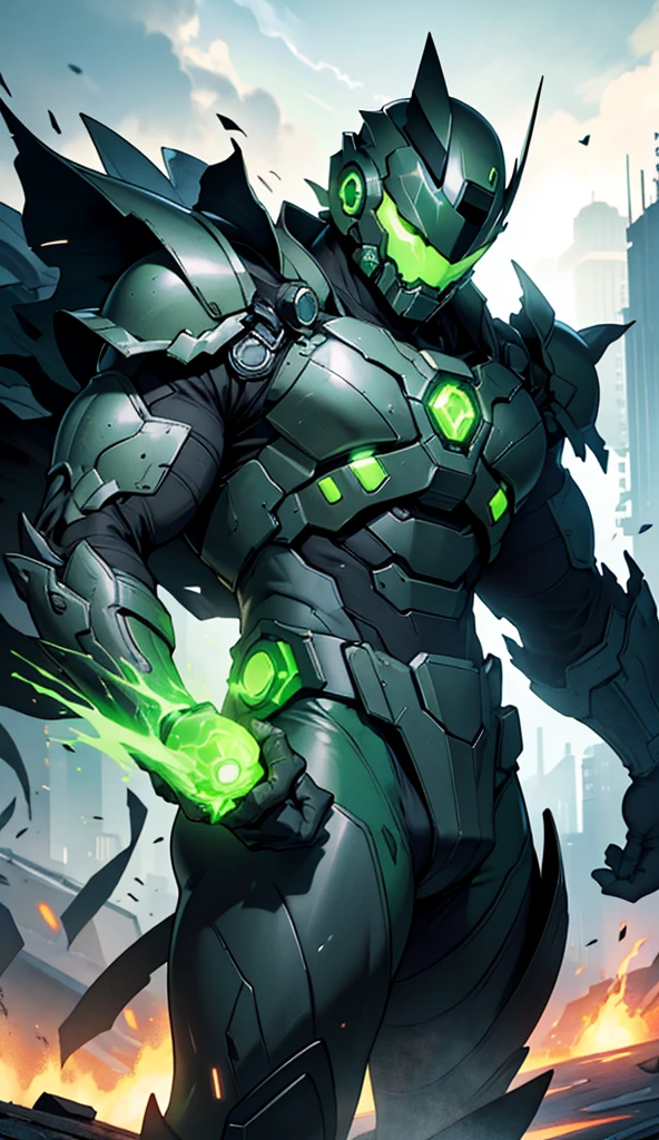 To create an image of a character named "Nuclear," imagine the following:

A powerful and imposing figure with a futuristic, battle-worn suit of armor, glowing with radioactive energy. The armor is dark and metallic, with jagged, angular designs that give it a rugged, almost apocalyptic appearance. The chest plate features a prominent, glowing symbol resembling a radiation warning sign, pulsating with a vibrant, toxic green light. The character's helmet is sleek and menacing, with a visor that glows the same eerie green, obscuring the eyes but allowing faint traces of their intense, determined gaze to show through.

Nuclear’s body emits a faint, radioactive aura, with green energy crackling around his hands and seeping out from the joints in his armor. His stance is strong and intimidating, as if he’s ready to unleash a devastating burst of energy. The background is a desolate, ruined landscape, with scorched earth and the remains of a city in the distance, hinting at the destructive power he wields. The sky above is dark and stormy, with flashes of lightning illuminating the toxic clouds, adding to the atmosphere of danger and power.