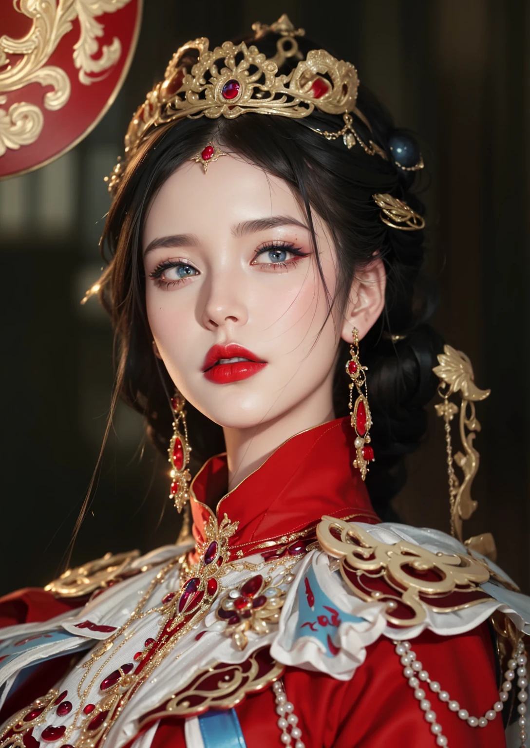 Royal princess,Extremely detailed, Delicate face, Stock Photography , Portrait 400, F1 Camera Lens.6, rich and colorful, Surrealism, Realistic textures, Dramatic Lighting, Thin Film Distiller 800 (8K, original photo, Better quality, masterpiece: 1.2), Extremely detailed, (Extremely delicate skin: 1.2), 8K ultra high definition, SLR camera, Soft Light, high quality.Fire Queen,Blue pupils,Wear red lipstick,Have a tattoo,The tattoo is very three-dimensional,Gorgeous and intricate tattoo designs,Dark eyeshadow,Sexy thick lips(Red lipstick),Gorgeous pearl and gemstone decoration,Cleopatra wore jewelry made of gold and precious stones.,The stunning Queen,