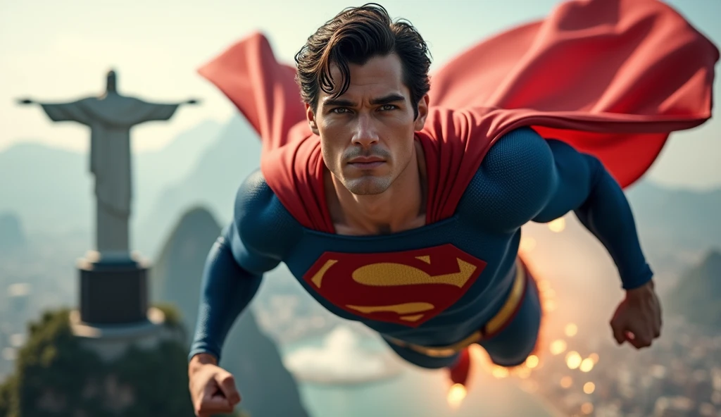 superman flying in the sky over the city of Rio de Janeiro, ultra detaild, ultra realistic, flying very fast, traces of fire, close-up, front view, ((you can see Christ the Redeemer in the background)), punch pose, dark blonde hair, few clouds below